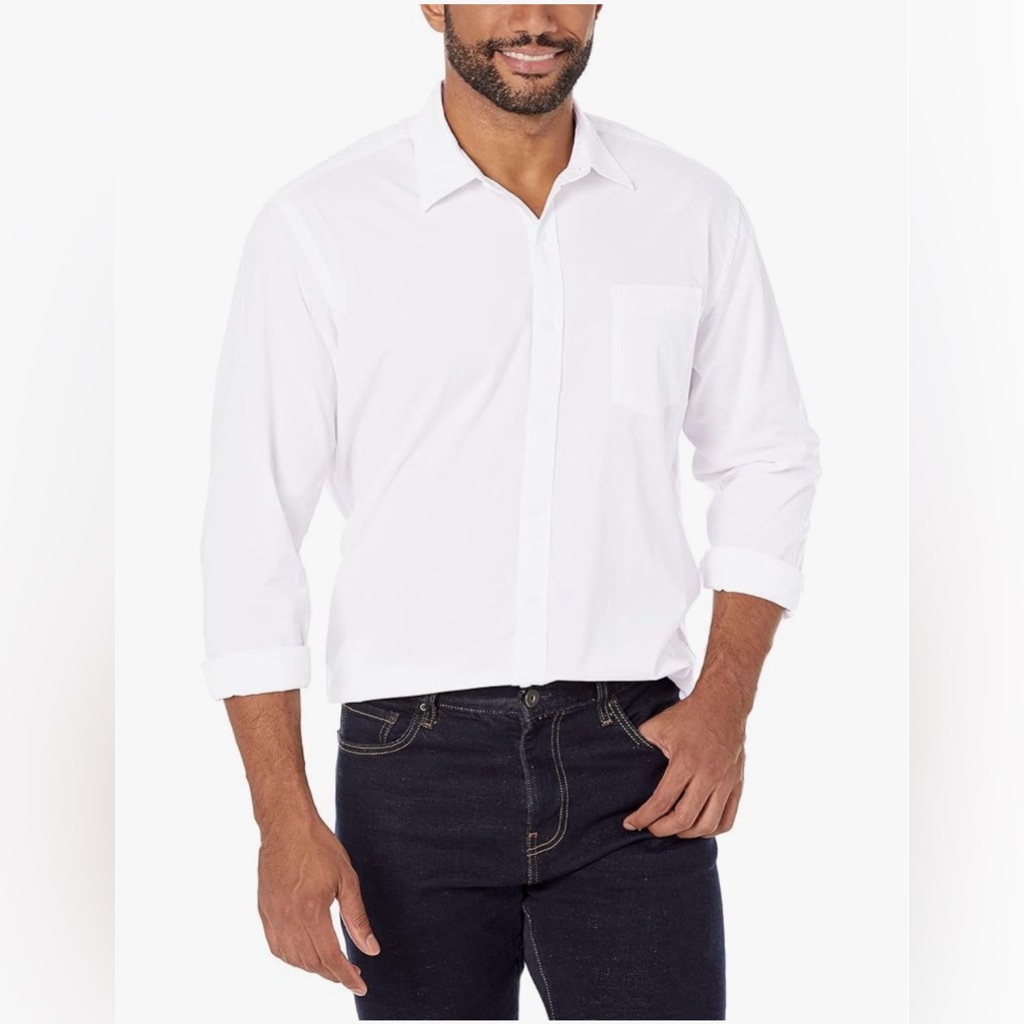 New Mens White Amazon Essentials 100% Cotton Regular-Fit Casual Poplin Shirt L